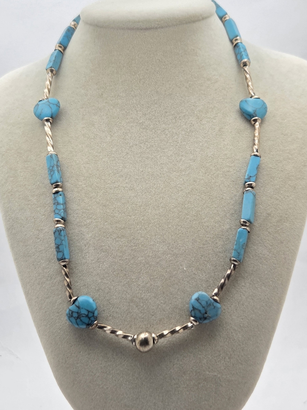 Vintage Genuine Turquoise Heart & Tube Bead Station Necklace 17"